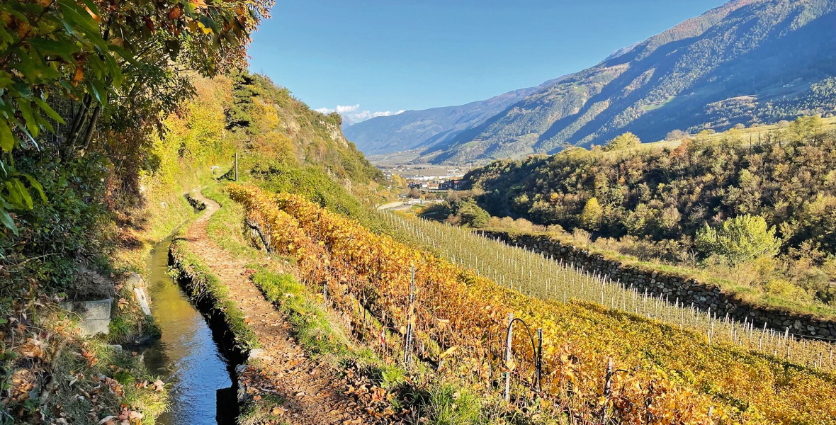 Der Herbst ist in Südtirol und besonders im Vinschgau eine ideale Zeit zum Wandern. Im Tal der Waale führen Wanderwege entlang der Bewässerungsgräben, die einst das Wasser von den Bergen hinab ins Tal beförderten. Bild: Thomas Burgert